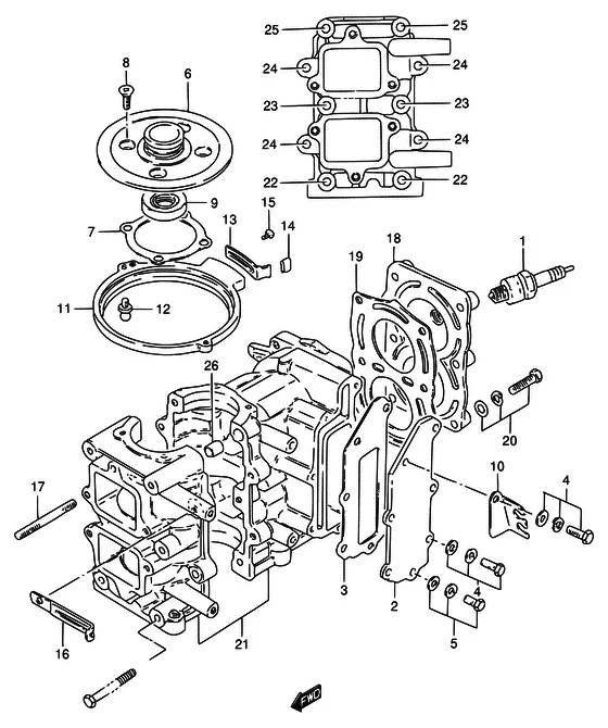 Цилиндр ((DT5 ~MODEL:94); NOTE : COLOR : 0ED (GRAY) REFER TO FIG.2 (B-3) FOR DT6/8 ~MODEL:94 REFER TO FIG.3 (B-5) FOR DT5/6/8 MODEL:95~00) для Suzuki DT5 S/L