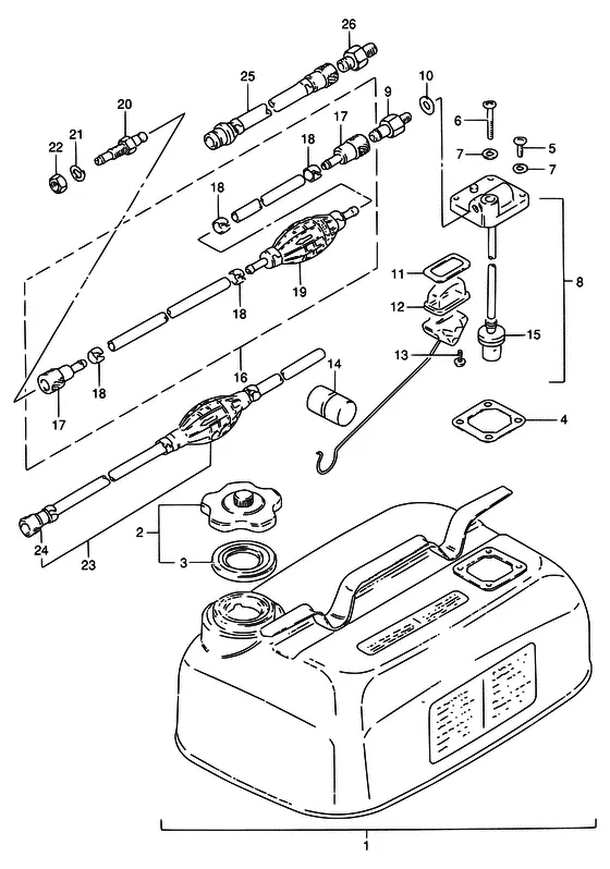 Топливный бак ((MODEL:86,87/15L); NOTE : REFER TO FIG.47 (I- 3) FOR MODEL:88~92/15L REFER TO FIG.48 (I- 5) FOR MODEL:86,87/23L REFER TO FIG.49 (I- 7) FOR MODEL:87/23L/E6 REFER TO FIG.50 (I- 8) FOR MODEL:88~92/24L REFER TO FIG.51 (I-10) FOR MODEL:93~00 REF