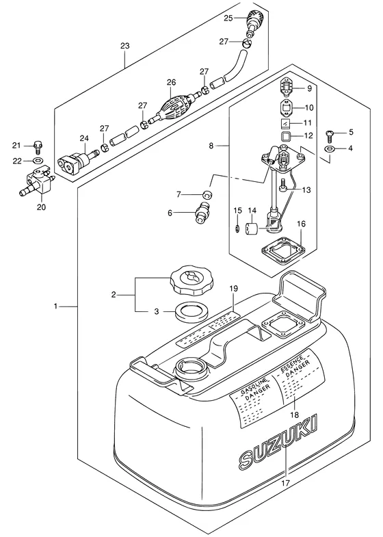 Топливный бак ((STEEL 24L); NOTE : REFER TO FIG.42(F- 8) FOR FUEL TANK (RESIN)) для Suzuki DF30 S/L; RS/L; QS/L; TS/L