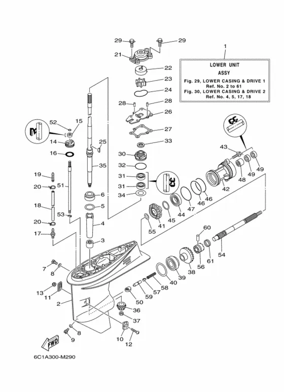 Корпус редуктора и привод 1 для Yamaha F40 ETS/L