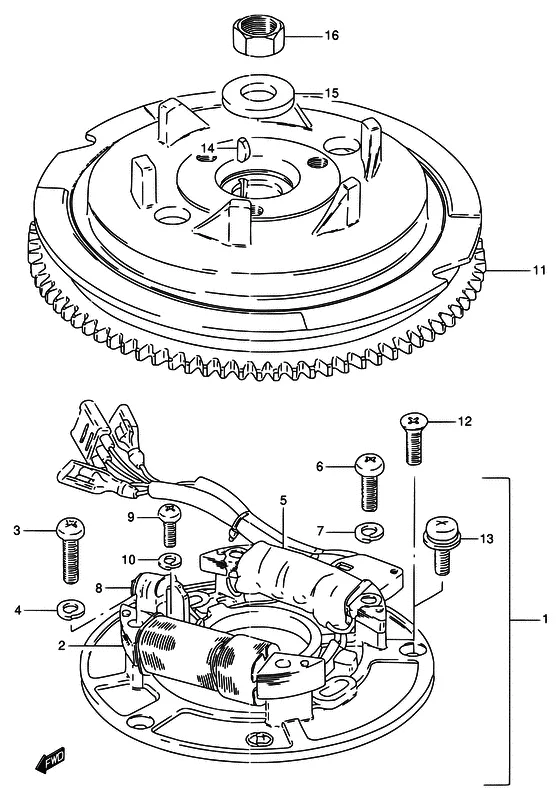 Статор & Ротор ((DT20/25(K)/30 ~MODEL:94); NOTE : REFER TO FIG.23 (E-5) FOR DT20/25/30 MODEL:95 REFER TO FIG.24 (E-6) FOR DT20/25(K)/30 MODEL:96~00) для Suzuki DT25 S/LL/XL; KS/LL/XL