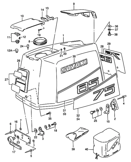 Крышка двигателя ((DT75WT,WQ,WHQ/DT85WT,WQ,WHQ/MODEL:89~94); NOTE : COLOR : 01T (WHITE) 0ED (GRAY)) для Suzuki DT75 L/UL