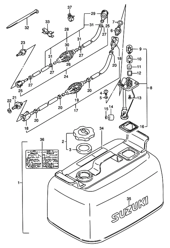 Топливный бак ((TC); NOTE : REFER TO FIG.75(L-4) FOR WT,WQ,WHQ,MQ REFER TO FIG.65(L-6) FOR E28 REFER TO FIG.66(L-7) FOR PLASTIC) для Suzuki DT75 L/UL