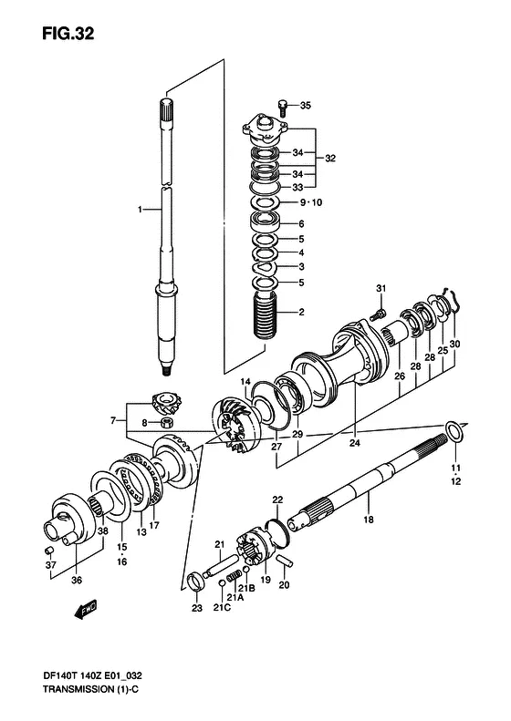Трансмиссия ((DF140T/WT); NOTE : REFER TO FIG.33(E-12) FOR DF140Z/WZ COUNTER ROTATION) для Suzuki DF140 (Z)TL/X; W(Z)TL/X