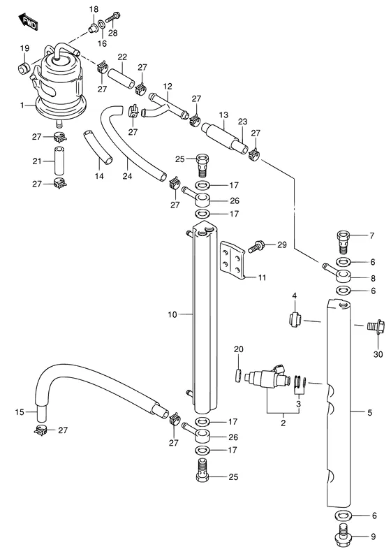 Топливная форсунка (NOTE : REFER TO FIG.12(C- 5) FOR DF90T:151862~,DF115T:152527~,DF115Z,DF100T REFER TO FIG.13(C- 6) FOR DF115WT/WZ,DF100WT) для Suzuki DF90 TL/X