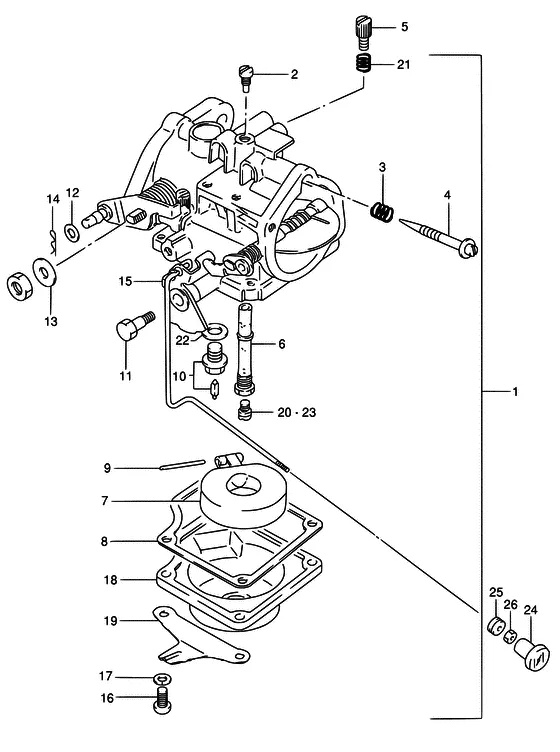 Карбюратор ((DT40W,40WR); NOTE : REFER TO FIG.5(B- 6) FOR DT40WK) для Suzuki DT40 WS/L/LL/L2/XL; WRS/L/LL/L2/XL; WKS/L/LL/L2/XL; WKRS/L/LL/L2/XL