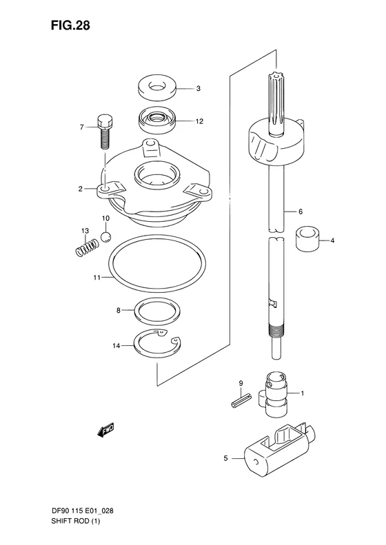 Тяга переключения ((DF90T,DF115T); NOTE : REFER TO FIG.29(E- 6) FOR DF90T:680686~,DF115T:681518~,DF100T REFER TO FIG.30(E- 7) FOR DF115Z) для Suzuki DF90 TL/X
