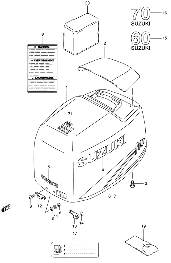 Крышка двигателя ((MODEL:98~02); NOTE : REFER TO FIG.48A(G- 9) FOR MODEL:03~09) для Suzuki DF70 TL/X; WT(H)L/X