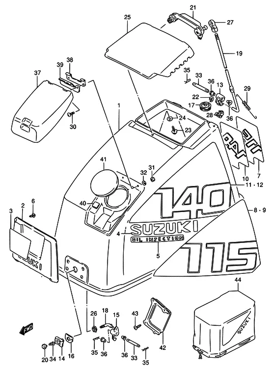 Крышка двигателя ((MODEL:86); NOTE : REFER TO FIG.58 (I- 9) FOR MODEL:87 REFER TO FIG.59 (I-11) FOR MODEL:88 REFER TO FIG.60 (I-13) FOR MODEL:89~94 REFER TO FIG.61 (J- 2) FOR MODEL:95~97 REFER TO FIG.61A(J- 3) FOR DT115/MODEL:98~00 REFER TO FIG.61B(J- 4)