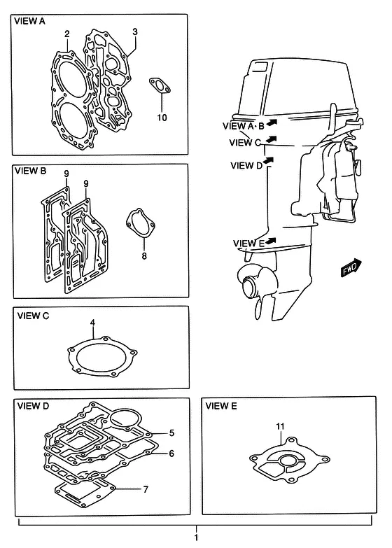 Опция: комплект прокладок для Suzuki DT40 WS/L/LL/L2/XL; WRS/L/LL/L2/XL; WKS/L/LL/L2/XL; WKRS/L/LL/L2/XL