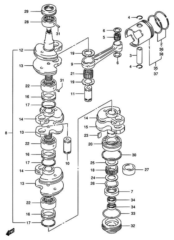 Коленчатый вал & Поршень ((~MODEL:95); NOTE : REFER TO FIG.3 (B-7) FOR MODEL:96~00) для Suzuki DT140 L/UL