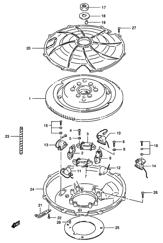 Статор & Ротор ((MODEL:86~88); NOTE : REFER TO FIG.29 (E-5) FOR MODEL:89~00 REFER TO FIG.30 (E-6) FOR DT115S/DT140EPI) для Suzuki DT140 L/UL