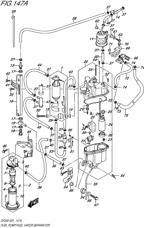 Топливный насос / сепаратор паров топлива (NOTE : REFER TO FIG.147B(1-C-13) FOR DF200T:FROM 110001, DF200Z:FROM 110001 DF225T:FROM 110001, DF225Z:FROM 110001 DF250T:FROM 110001, DF250Z:FROM 110001) для Suzuki DF225 (Z/(W)T)X/XX