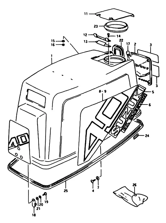 Крышка двигателя ((DT40C/MODEL:86); NOTE : REFER TO FIG.39 (G- 3) FOR DT40C/MODEL:87,88 REFER TO FIG.40 (G- 4) FOR DT40C/MODEL:89~93 REFER TO FIG.40A(G- 6) FOR DT40C,40TC,40RC/MODEL:94~96 REFER TO FIG.40B(G- 7) FOR DT40C,40TC,40RC/MODEL:97~99 REFER TO FIG