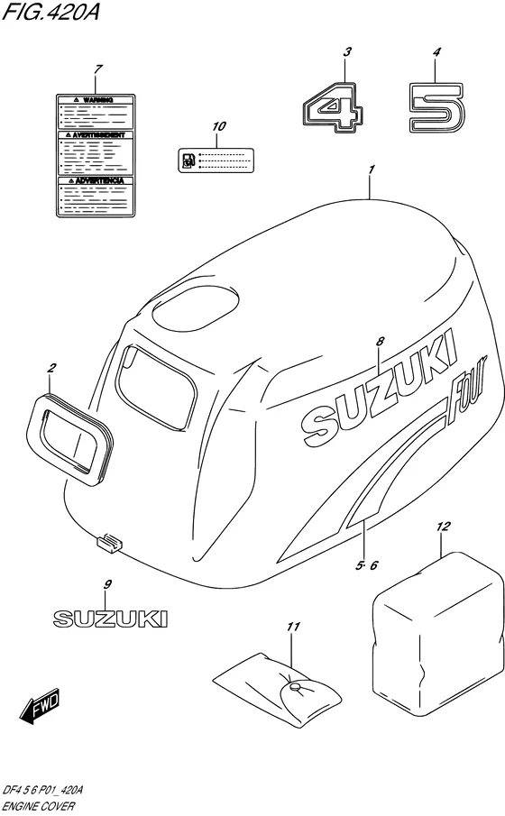 Крышка двигателя ((MODEL:02); NOTE : REFER TO FIG.420B(1-D-15) FOR MODEL:03,04,05,06,07,08,09 REFER TO FIG.420C(1-E- 2) FOR MODEL:10,DF4:FROM 110001, DF5:FROM 110001,DF6:FROM 110001) для Suzuki DF6 S/L