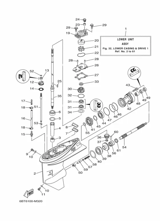Корпус редуктора и привод 1 для Yamaha F30 E(H/D/T)S/L/X