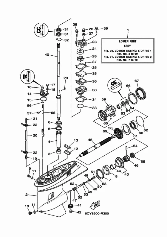 Корпус редуктора и привод 1 для Yamaha F40 ETL
