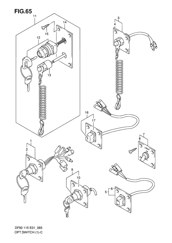 Опция: выключатель ((MODEL:01~04); NOTE : REFER TO FIG.66(J- 9) FOR MODEL:05~) для Suzuki DF90 TL/X
