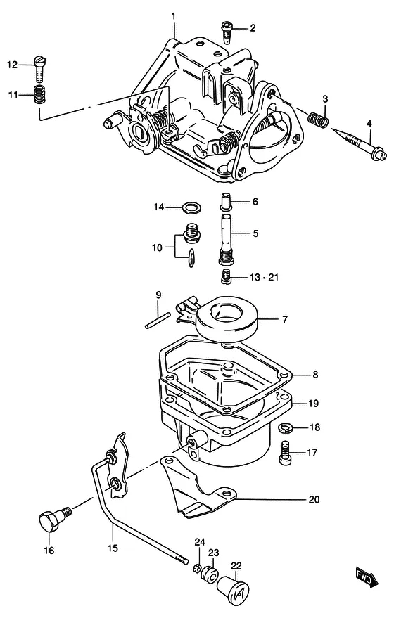 Карбюратор ((DT20); NOTE : REFER TO FIG.6 (B-10) FOR DT25/30 REFER TO FIG.7 ( B-12) FOR DT25K) для Suzuki DT25 S/LL/XL; KS/LL/XL