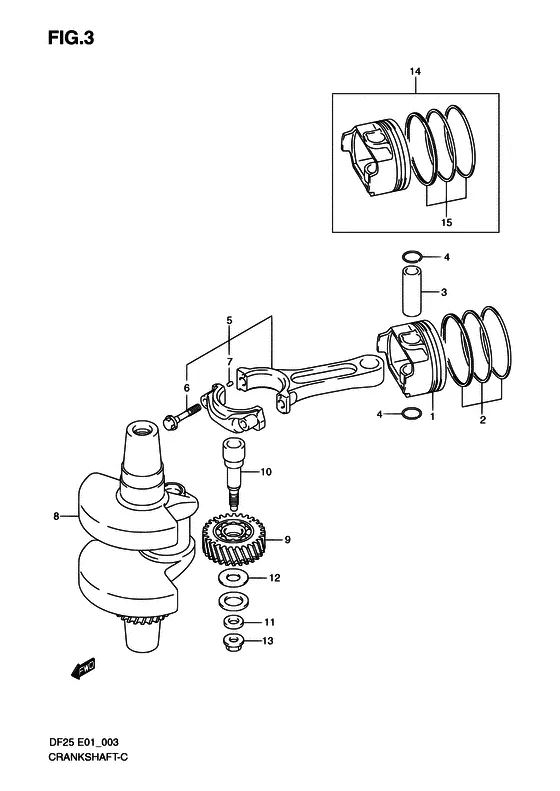 Коленчатый вал & Поршень для Suzuki DF25 V-twin S/L; RS/L; QS/L; TS/L