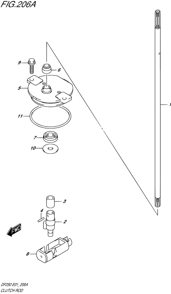 Тяга привода сцепления ((DF200T,DF225T,DF250T); NOTE : REFER TO FIG.206B(1-E- 7) FOR DF200Z,DF225Z,DF250Z) для Suzuki DF250 (Z/T)X/XX