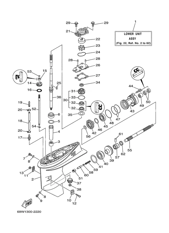 Корпус редуктора и привод 1 для Yamaha F40 ETL