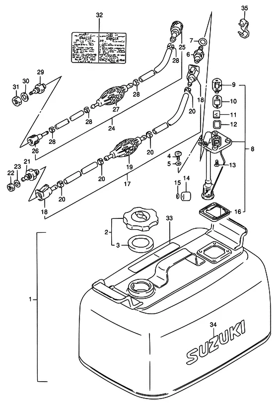 Топливный бак (NOTE : REFER TO FIG.37(H-4) FOR FUEL TANK (PLASTIC) REFER TO FIG.38(H-5) FOR FUEL TANK (E28)) для Suzuki DT55 S/L/LL