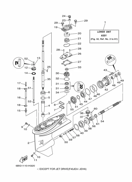 Корпус редуктора и привод 1 для Yamaha F40 E(H/D/T)S/L/X