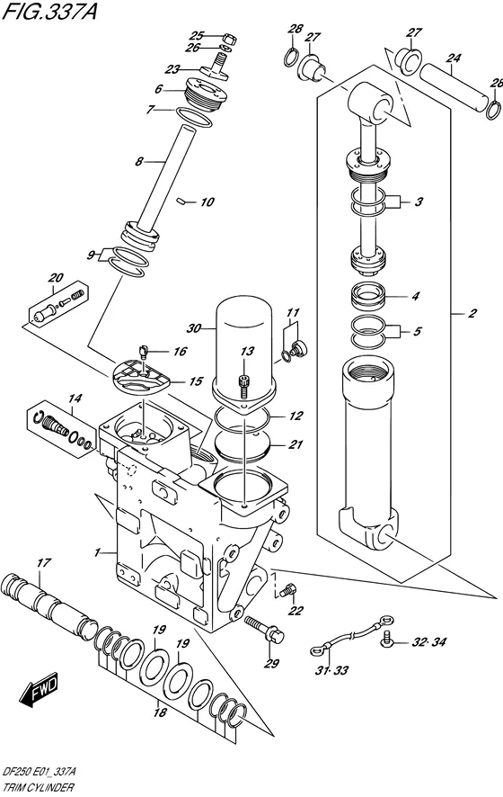 Цилиндр гидроподъема (NOTE : REFER TO FIG.337B(1-H- 2) FOR DF200TL) для Suzuki DF225 (Z/(W)T)X/XX