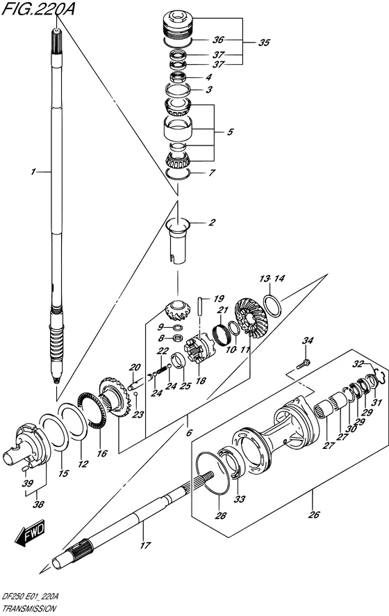 Трансмиссия ((DF200T,DF225T,DF250T); NOTE : REFER TO FIG.220B(1-E-12) FOR DF200Z,DF225Z,DF250Z) для Suzuki DF250 (Z/T)X/XX