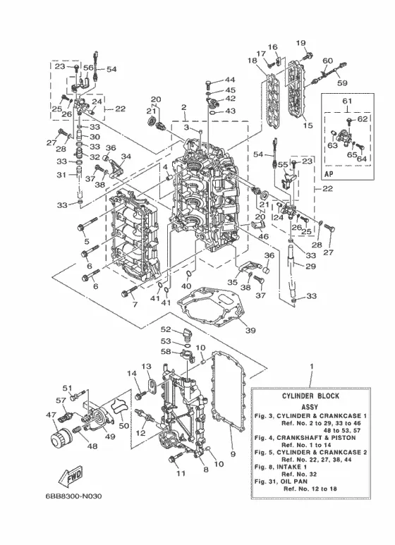 Цилиндр и картер 1 для Yamaha F225 ETL