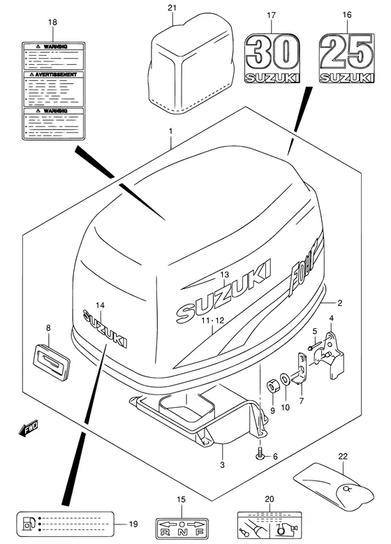 Крышка двигателя ((MODEL:00~02); NOTE : REFER TO FIG.39A(F- 5) FOR MODEL:03~07) для Suzuki DF25 S/L; RS/L; QS/L; TS/L