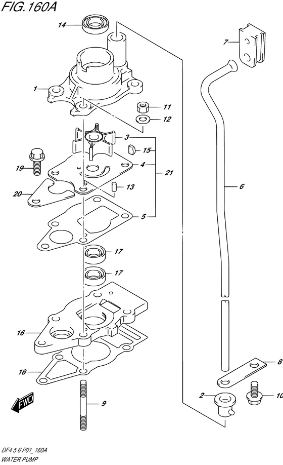 Водяной насос ((MODEL:02,03,04); NOTE : REFER TO FIG.160B(1-C- 6) FOR MODEL:05,06,07,08,09,10,FROM 110001) для Suzuki DF6 S/L