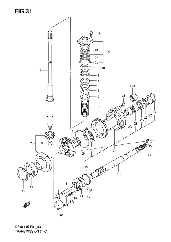 Трансмиссия ((DF90T,DF100T,DF115T); NOTE : REFER TO FIG.32(E-11) FOR DF115Z) для Suzuki DF115 (Z)TL/X; W(Z)TL/X