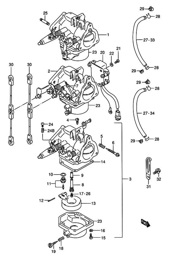 Карбюратор ((DT75TC,WT,WQ,WHQ); NOTE : REFER TO FIG.8 (C- 4) FOR DT85TC,WT,WQ REFER TO FIG.9 (C- 6) FOR DT75MQ,85MQ,85QH) для Suzuki DT75 L/UL