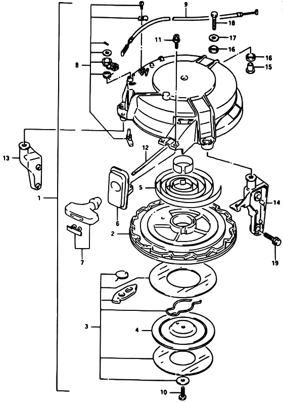 Ручной стартер ((MODEL:92~99)) для Suzuki DT40 WS/L/LL/L2/UL; WRS/L/LL/L2/UL; WKS/L/LL/L2/UL; WKRS/L/LL/L2/UL