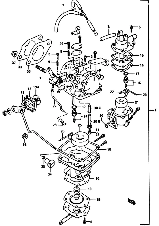 Карбюратор ((DT40WK)) для Suzuki DT40 WS/L/LL/L2/UL; WRS/L/LL/L2/UL; WKS/L/LL/L2/UL; WKRS/L/LL/L2/UL