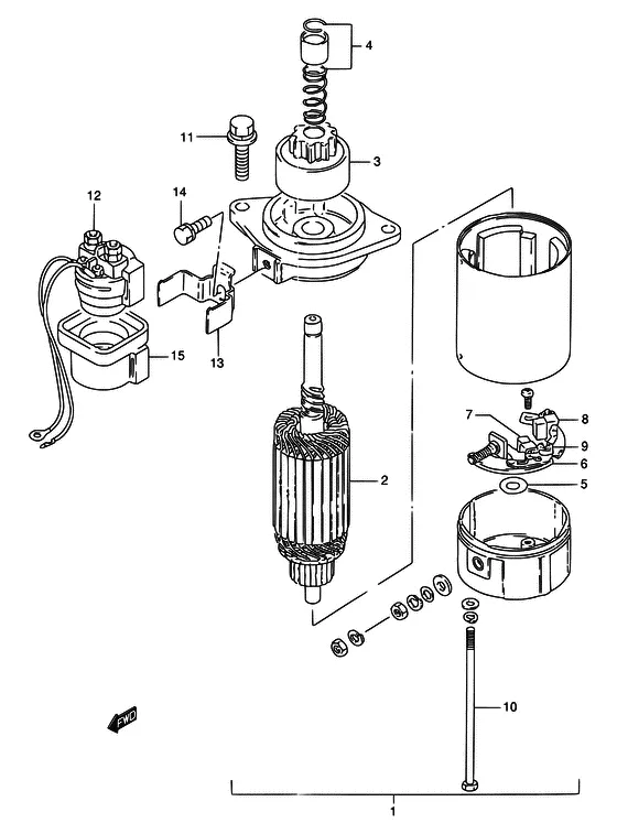 Стартер электрический ((MODEL:86~93); NOTE : REFER TO FIG.21(E-3) FOR MODEL:94~00) для Suzuki DT25 S/LL/XL; KS/LL/XL