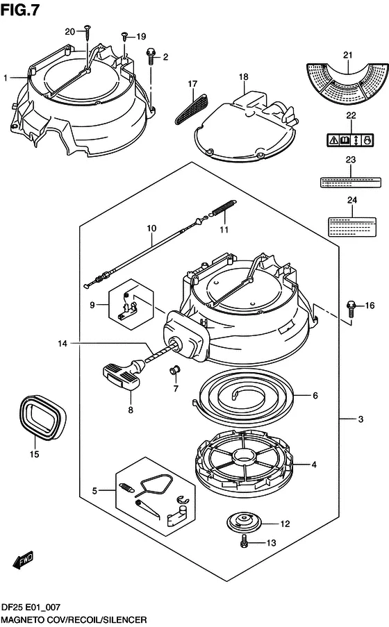 Крышка генератора & Ручной стартер & Глушитель для Suzuki DF25 V-twin S/L; RS/L; QS/L; TS/L