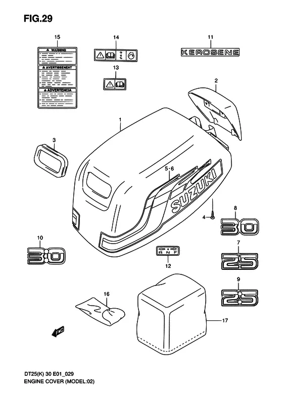 Крышка двигателя ((MODEL:02~10); NOTE : REFER TO FIG.29A(F- 6) FOR DT25K:010001~,DT30:010902~) для Suzuki DT25 KL