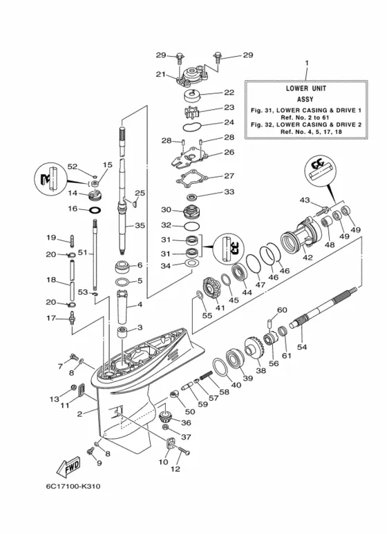 Корпус редуктора и привод 1 для Yamaha F50 E(D/H/T)L/X