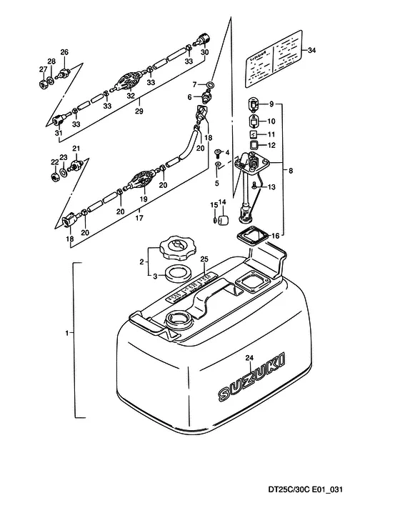 Топливный бак (NOTE : REFER TO FIG.32(F-11) FOR E28 REFER TO FIG.33(F-12) FOR PLASTIC,25L) для Suzuki DT30C S/L; RS/L