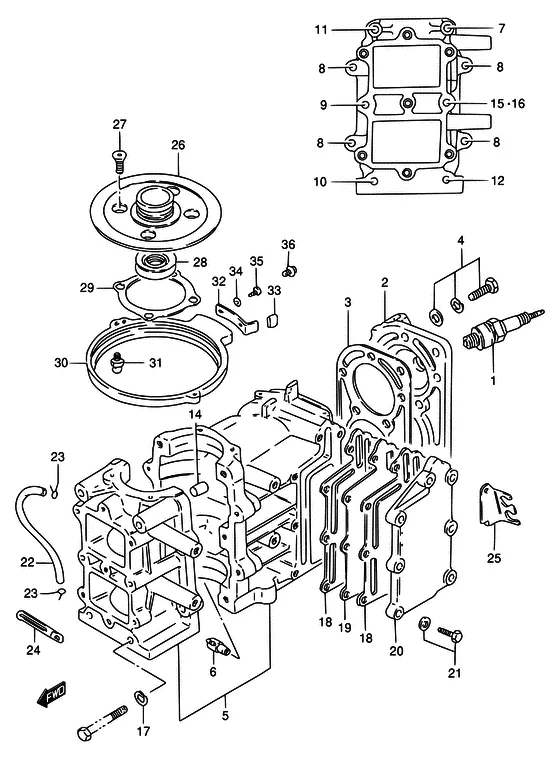 Цилиндр ((DT6/DT8 ~MODEL:94); NOTE : COLOR : 0ED (GRAY) REFER TO FIG.3 (B-5) FOR DT5/6/8 MODEL:95~00) для Suzuki DT5 S/L