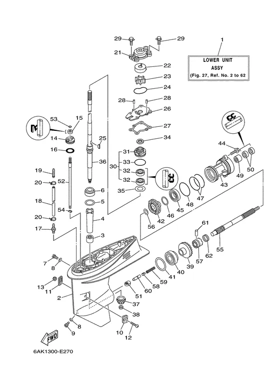 Корпус редуктора и привод 1 для Yamaha F40 ETL