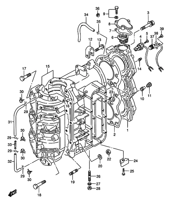 Цилиндр ((DT75TC/85TC/85WT/85MQ/85QH); NOTE : COLOR : 0ED (GRAY) REFER TO FIG.2 (B-4) FOR WT,WQ,WHQ,MQ/~MODEL:94) для Suzuki DT75 L/UL