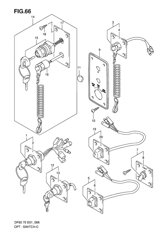 Опция: выключатель ((MODEL:98~04); NOTE : REFER TO FIG.67(J- 9) FOR MODEL:05~09) для Suzuki DF60 TL/X