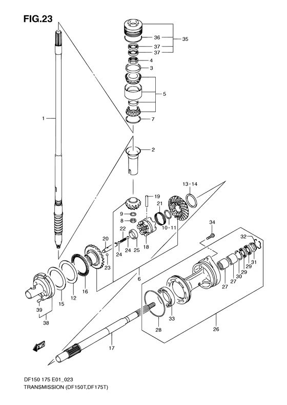 Трансмиссия ((DF150T,DF175T); NOTE : REFER TO FIG.24 (D-8) FOR DF150Z, DF175Z) для Suzuki DF175 (Z)TL/X