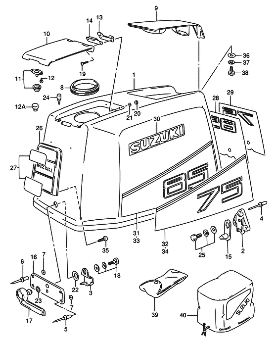 Крышка двигателя ((DT75WT,WQ,WHQ/DT85WT,WQ,WHQ/MODEL:89~94); NOTE : COLOR : 01T (WHITE) 0ED (GRAY)) для Suzuki DT75 L/UL